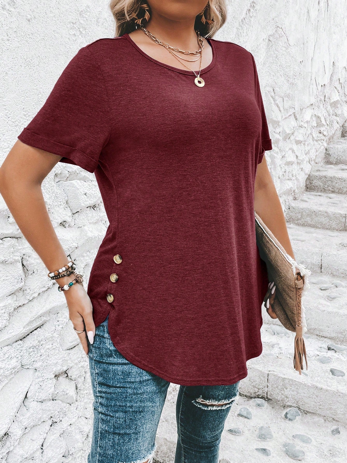 Clasi Plus Size Button Detail Curved Hem T-Shirt