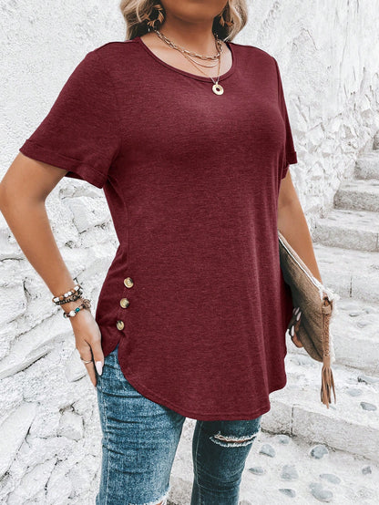 Clasi Plus Size Button Detail Curved Hem T-Shirt