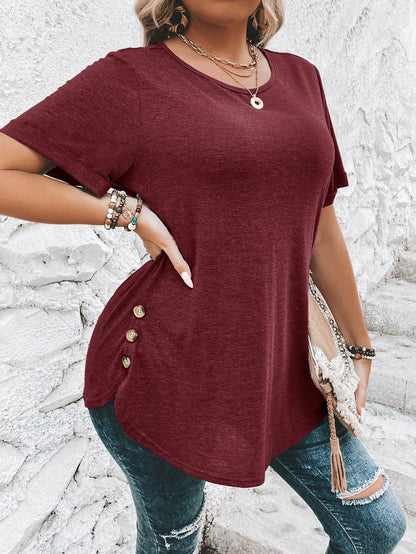 Clasi Plus Size Button Detail Curved Hem T-Shirt