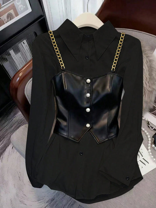 Clasi Plus Size Casual Chain Decor 2 In 1 Long Sleeve Shirt, Autumn Leather Top Women Leather Corset Top Black Leather Top Black Western Top Leather Tops
