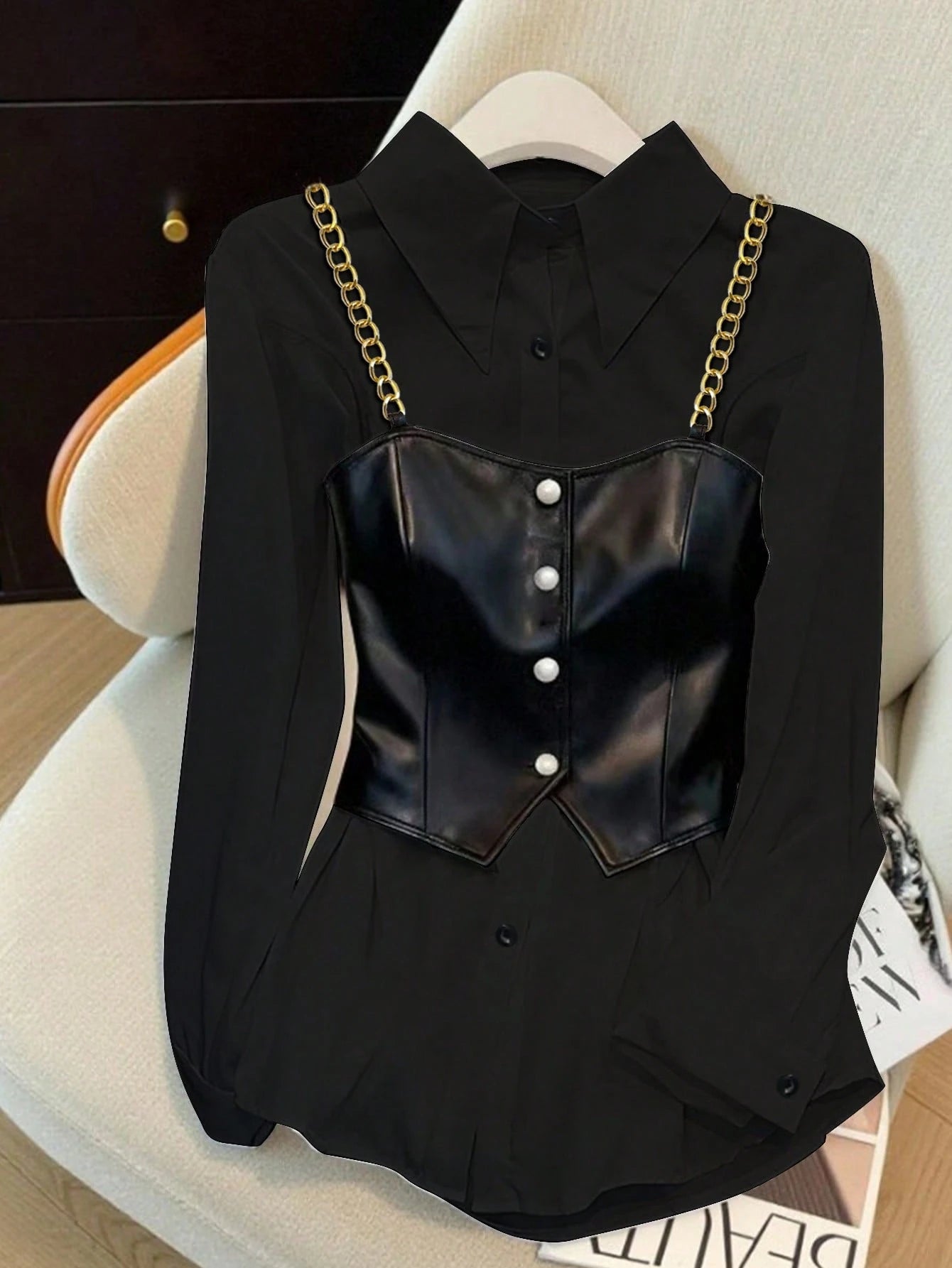 Clasi Plus Size Casual Chain Decor 2 In 1 Long Sleeve Shirt, Autumn Leather Top Women Leather Corset Top Black Leather Top Black Western Top Leather Tops