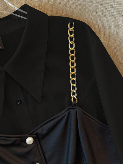 Clasi Plus Size Casual Chain Decor 2 In 1 Long Sleeve Shirt, Autumn Leather Top Women Leather Corset Top Black Leather Top Black Western Top Leather Tops