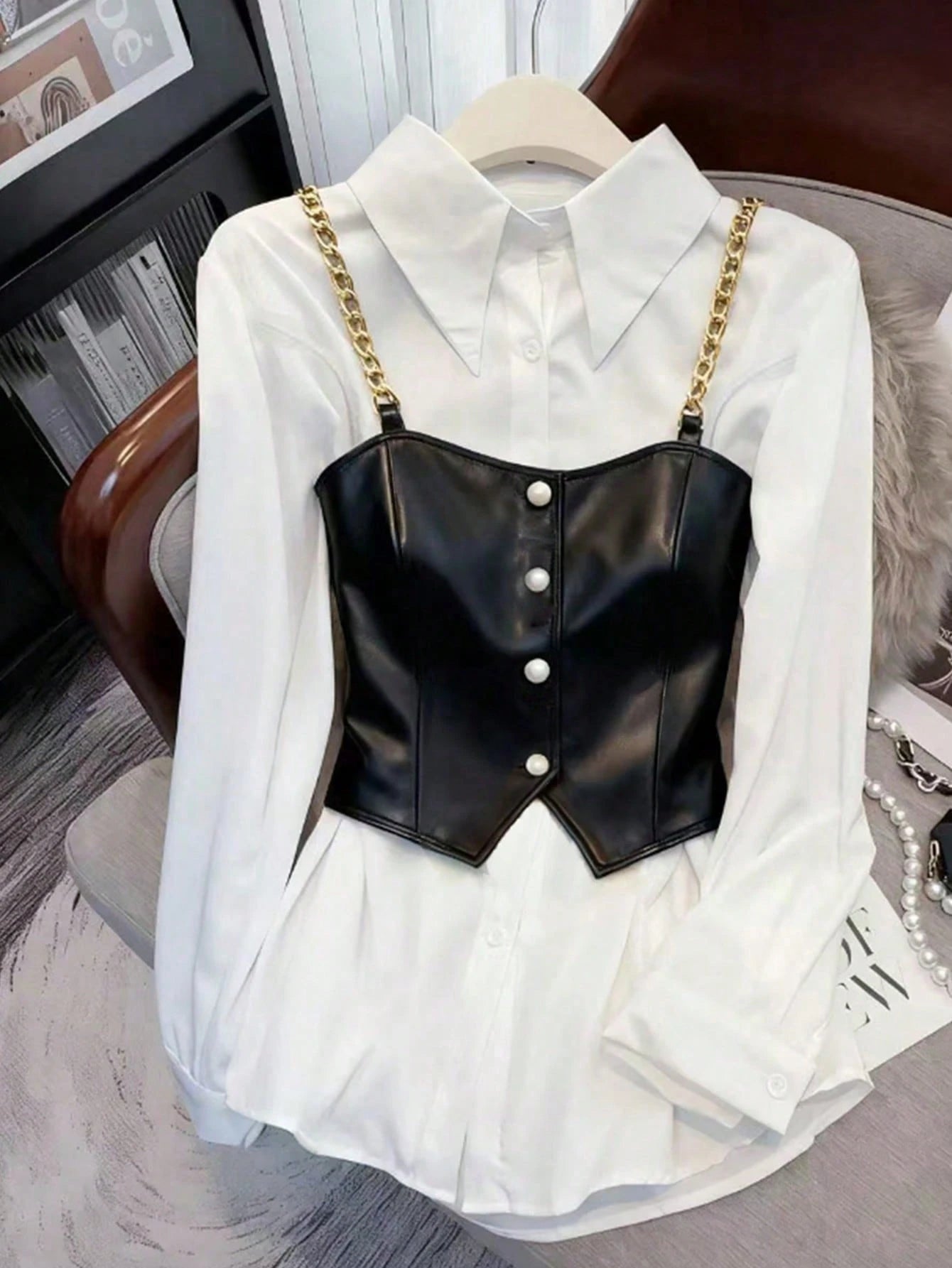 Clasi Plus Size Casual Chain Decor 2 In 1 Long Sleeve Shirt, Autumn Leather Top Women Leather Corset Top Black Leather Top Black Western Top Leather Tops