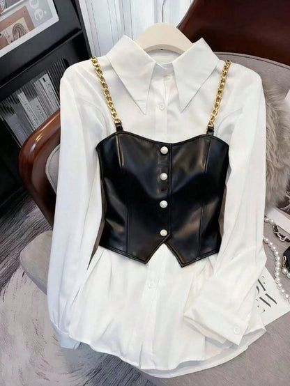 Clasi Plus Size Casual Chain Decor 2 In 1 Long Sleeve Shirt, Autumn Leather Top Women Leather Corset Top Black Leather Top Black Western Top Leather Tops