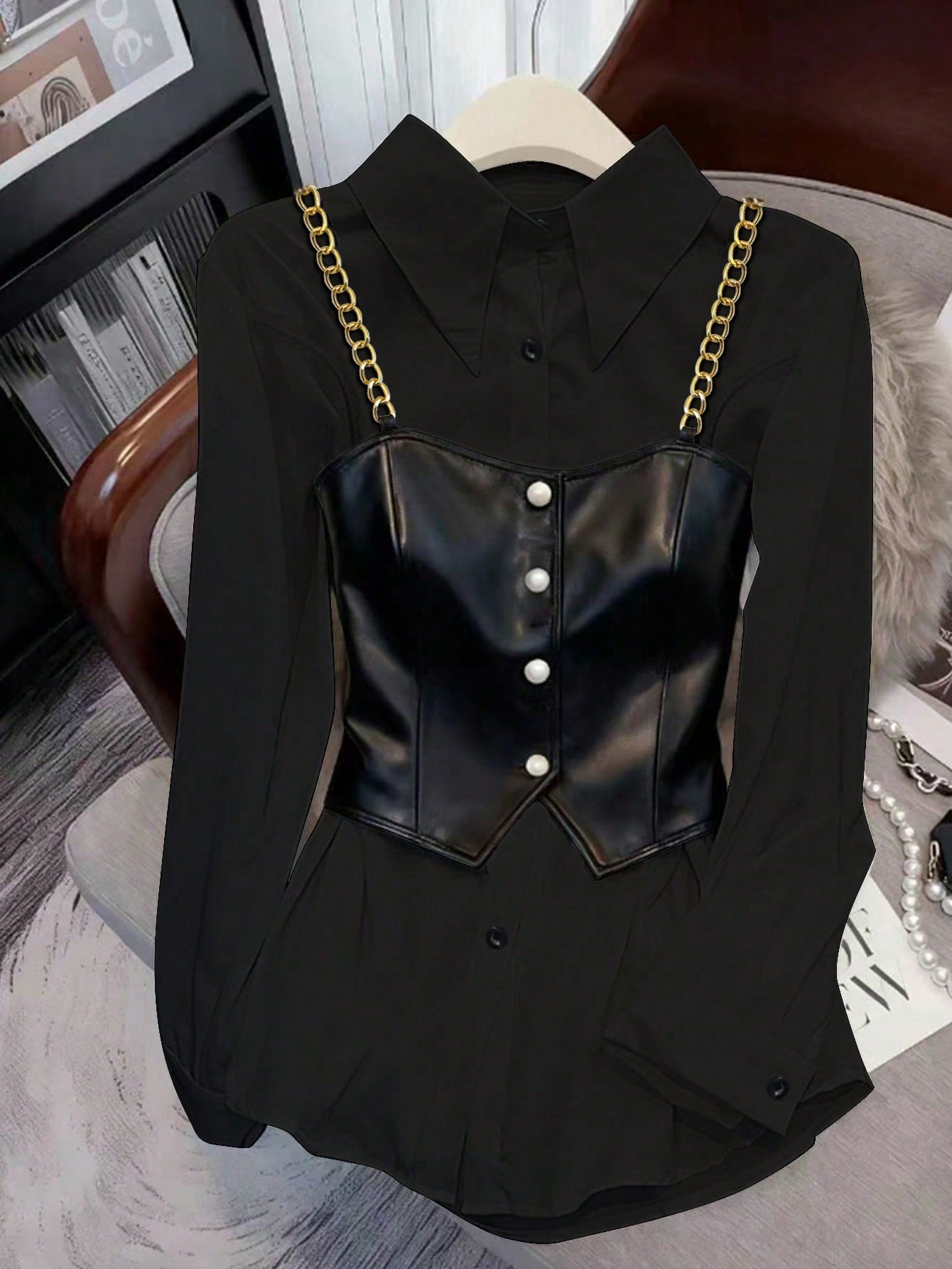 Clasi Plus Size Casual Chain Decor 2 In 1 Long Sleeve Shirt, Autumn Leather Top Women Leather Corset Top Black Leather Top Black Western Top Leather Tops