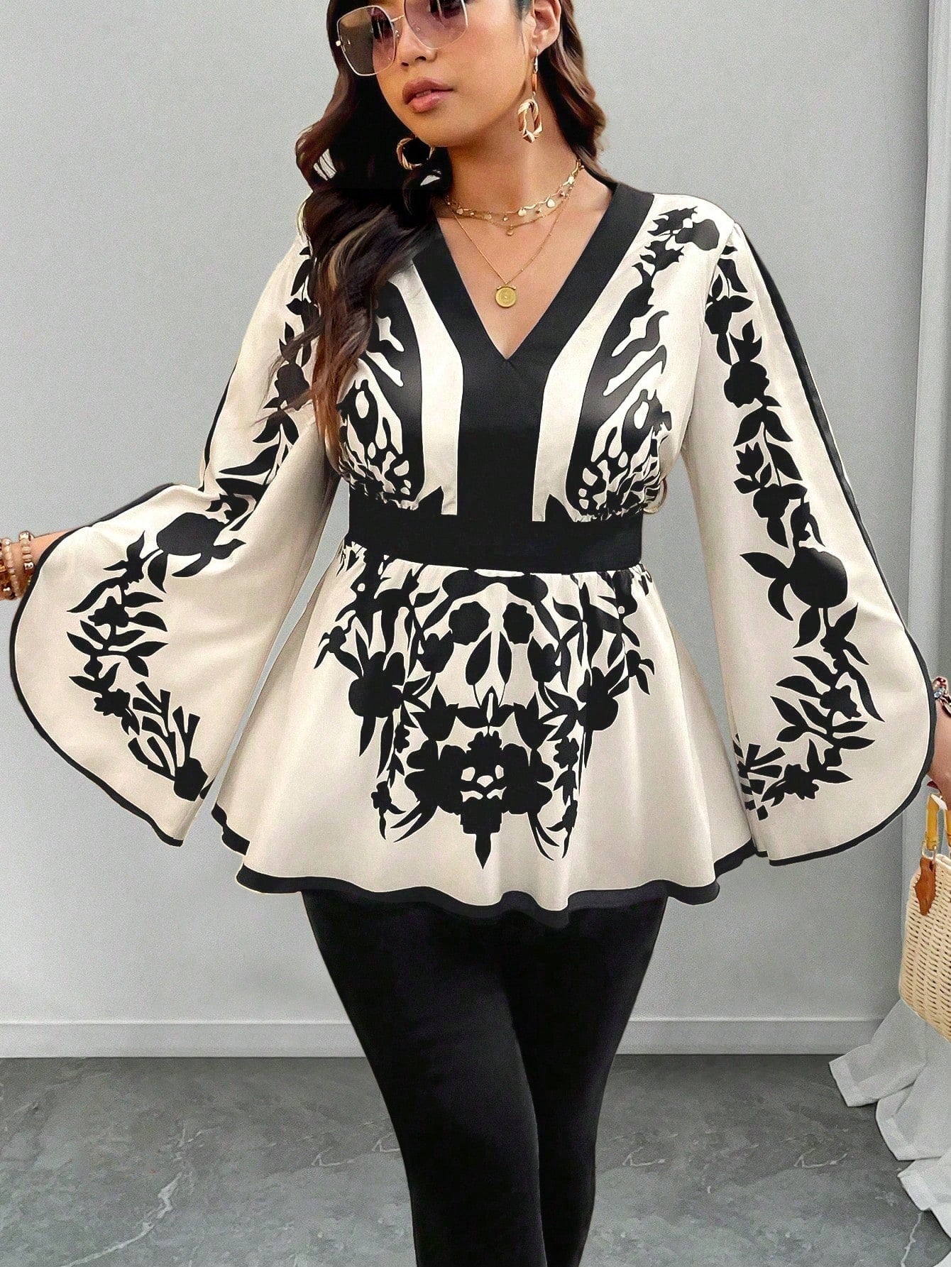 Clasi Plus Size Floral Retro Pattern Waist Cinched A-Line V-Neck Flare Sleeve Casual Commute Elegant Holiday Shirt Fall Cloth For Women