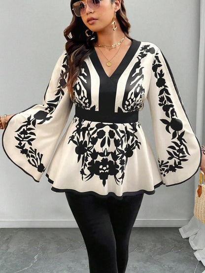 Clasi Plus Size Floral Retro Pattern Waist Cinched A-Line V-Neck Flare Sleeve Casual Commute Elegant Holiday Shirt Fall Cloth For Women