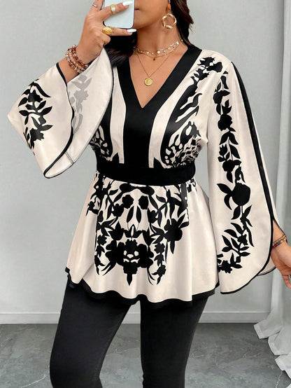 Clasi Plus Size Floral Retro Pattern Waist Cinched A-Line V-Neck Flare Sleeve Casual Commute Elegant Holiday Shirt Fall Cloth For Women