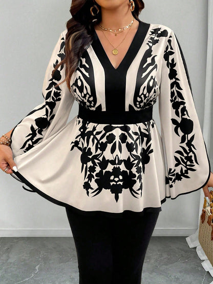 Clasi Plus Size Floral Retro Pattern Waist Cinched A-Line V-Neck Flare Sleeve Casual Commute Elegant Holiday Shirt Fall Cloth For Women