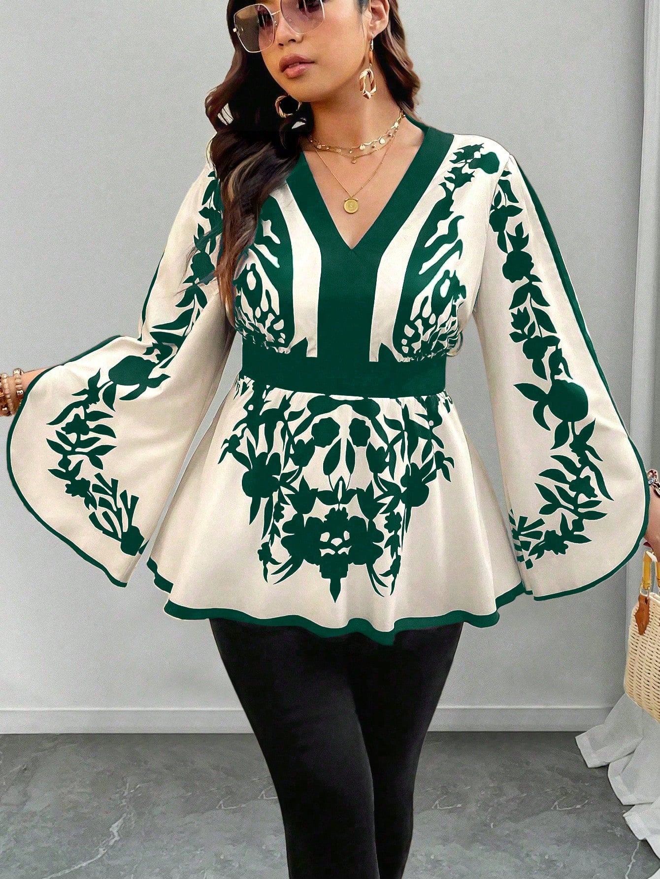 Clasi Plus Size Floral Retro Pattern Waist Cinched A-Line V-Neck Flare Sleeve Casual Commute Elegant Holiday Shirt Fall Cloth For Women