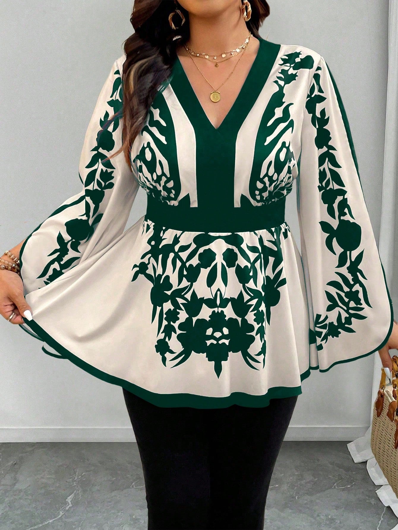 Clasi Plus Size Floral Retro Pattern Waist Cinched A-Line V-Neck Flare Sleeve Casual Commute Elegant Holiday Shirt Fall Cloth For Women