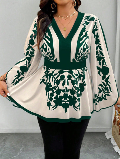 Clasi Plus Size Floral Retro Pattern Waist Cinched A-Line V-Neck Flare Sleeve Casual Commute Elegant Holiday Shirt Fall Cloth For Women