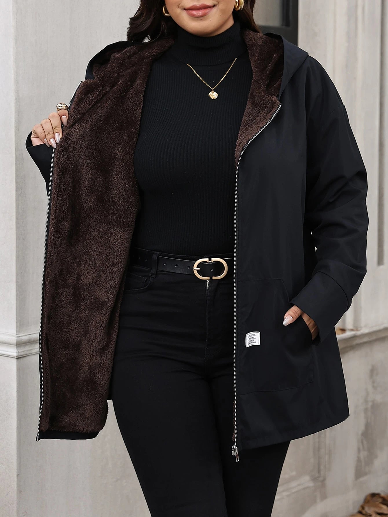 Clasi Plus Size Minimalist Zipper Pocket Hooded Jacket