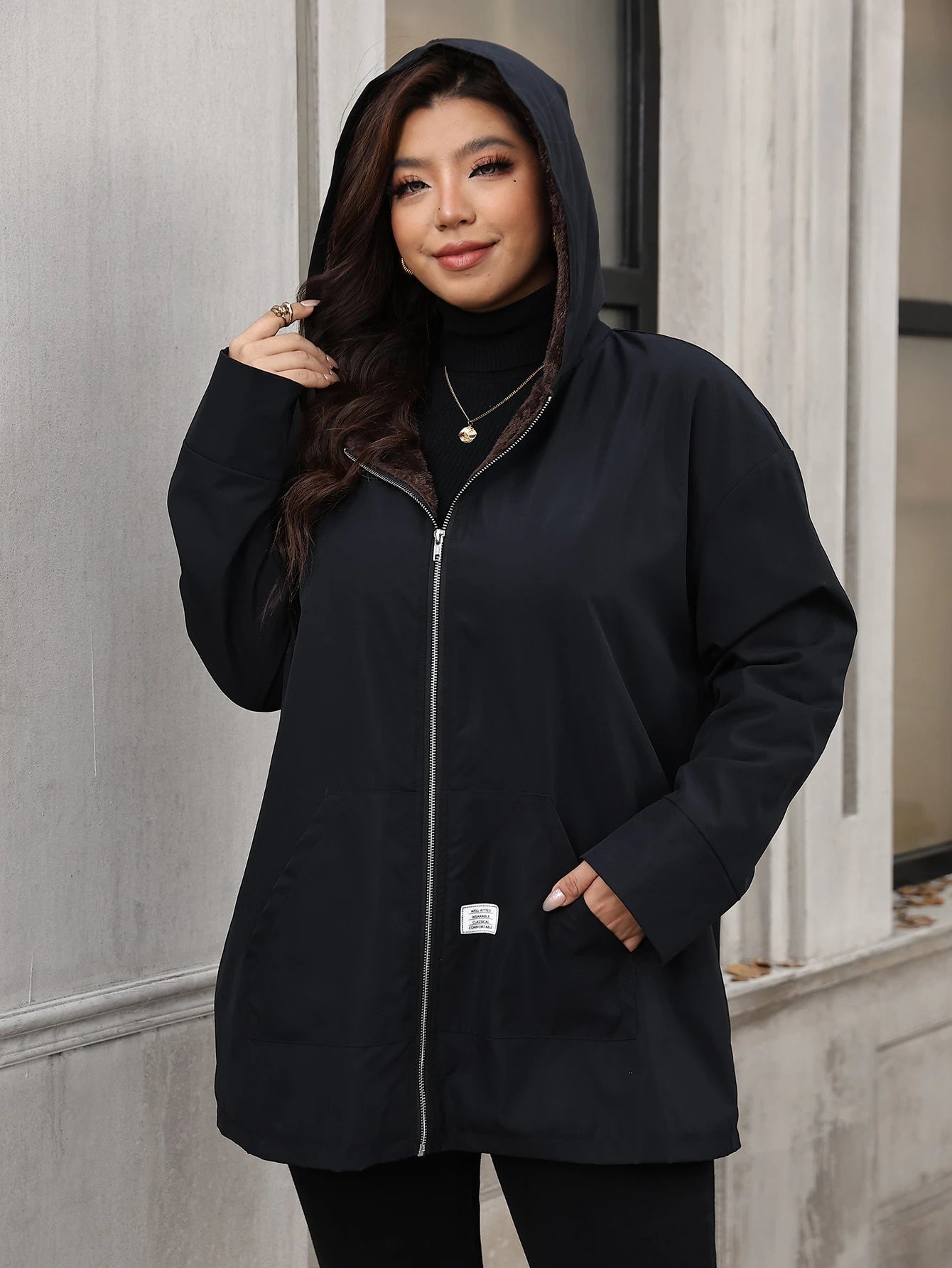 Clasi Plus Size Minimalist Zipper Pocket Hooded Jacket