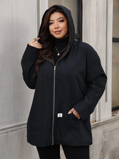 Clasi Plus Size Minimalist Zipper Pocket Hooded Jacket
