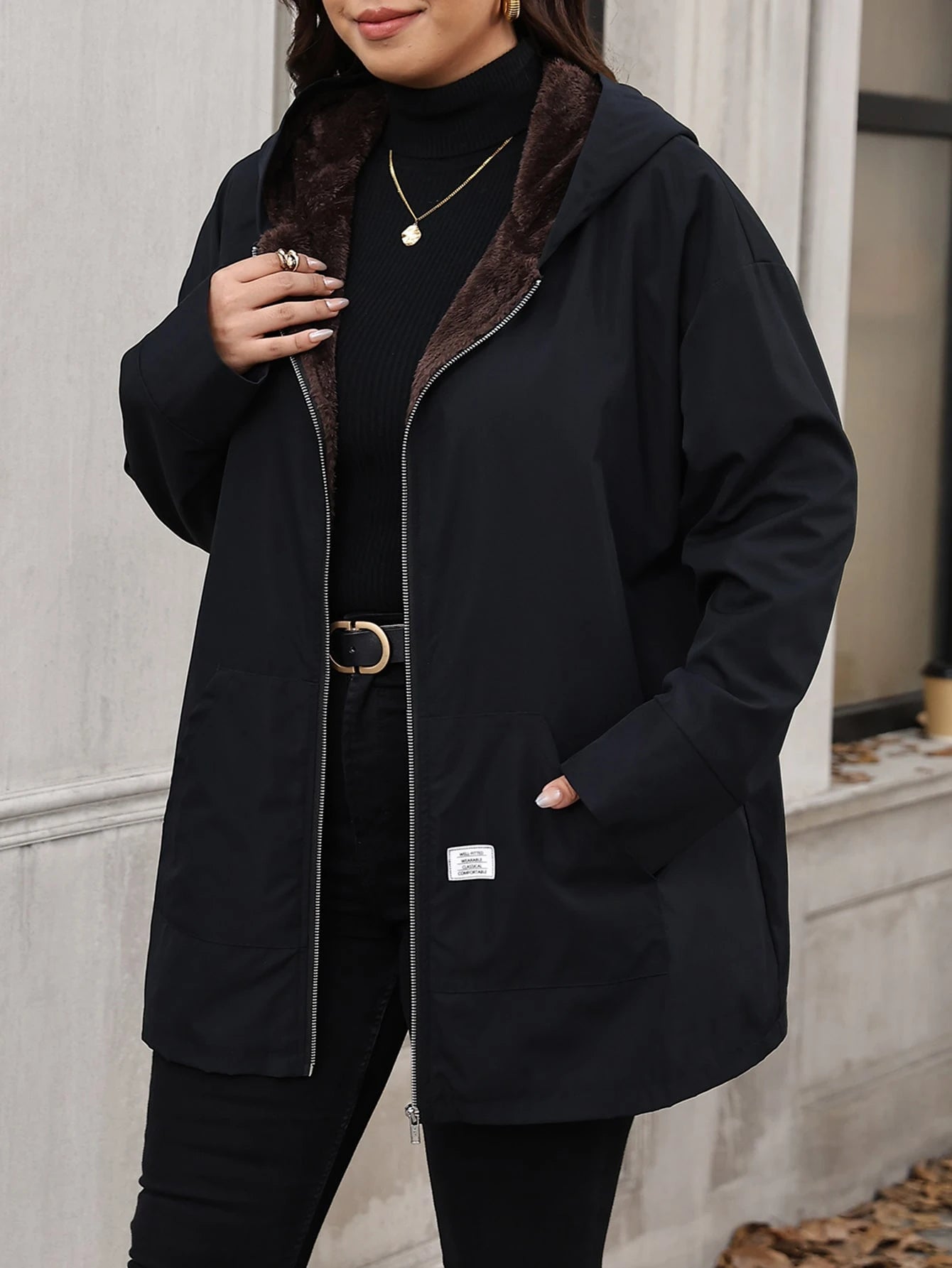 Clasi Plus Size Minimalist Zipper Pocket Hooded Jacket