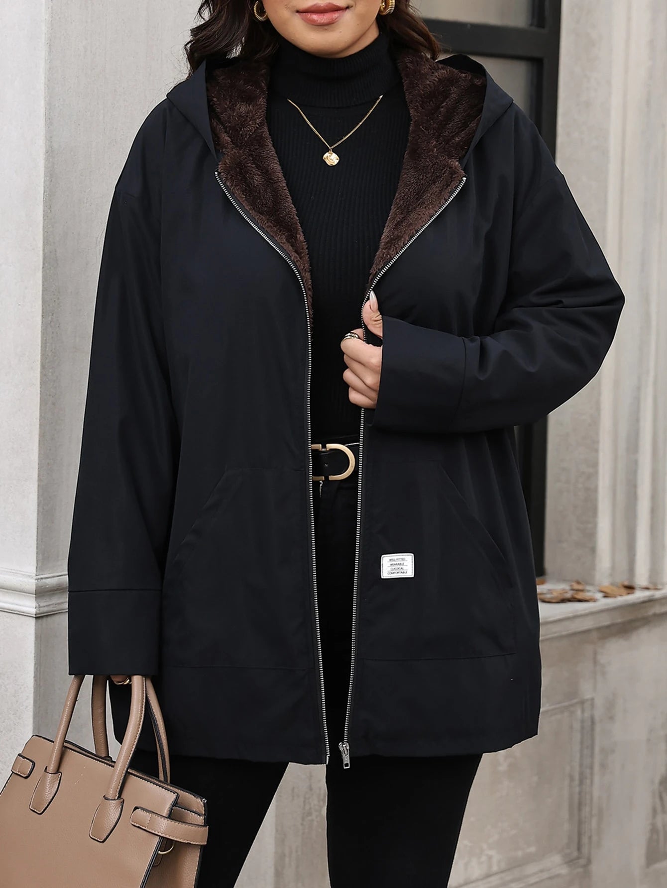 Clasi Plus Size Minimalist Zipper Pocket Hooded Jacket