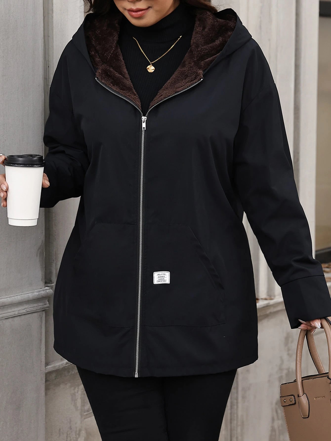 Clasi Plus Size Minimalist Zipper Pocket Hooded Jacket