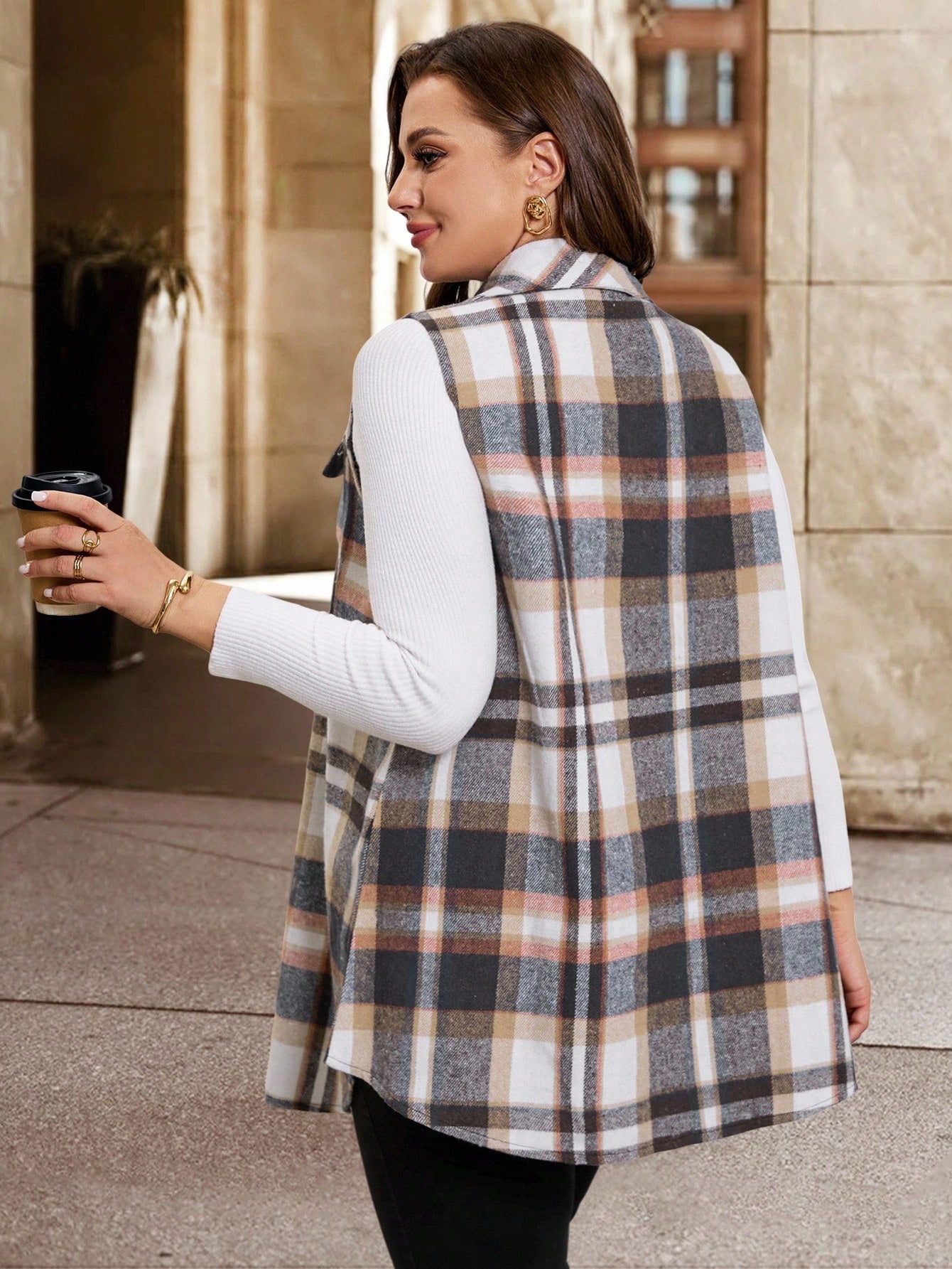 Clasi Plus Size Women Elegant Business Casual Plaid Sleeveless Coat, Fashionable Office Business Jacket For Summer And Back-To-School