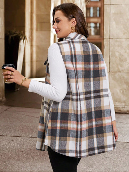 Clasi Plus Size Women Elegant Business Casual Plaid Sleeveless Coat, Fashionable Office Business Jacket For Summer And Back-To-School
