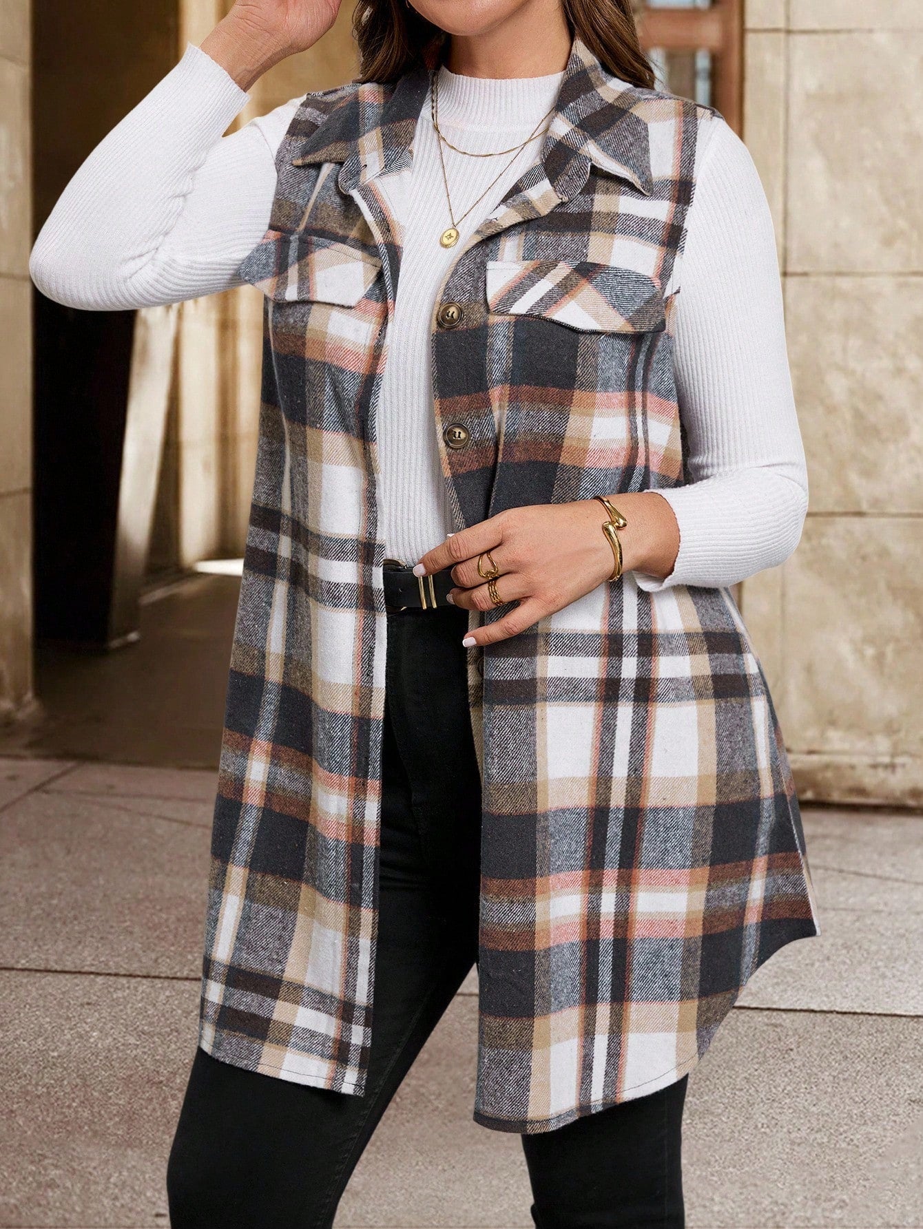 Clasi Plus Size Women Elegant Business Casual Plaid Sleeveless Coat, Fashionable Office Business Jacket For Summer And Back-To-School