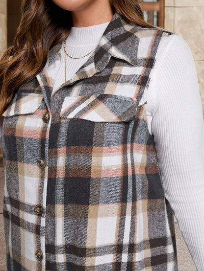 Clasi Plus Size Women Elegant Business Casual Plaid Sleeveless Coat, Fashionable Office Business Jacket For Summer And Back-To-School