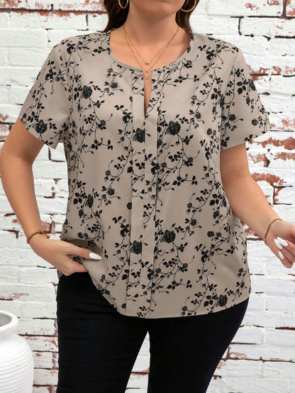 Clasi Plus Size Women's Floral Print V-Neck Short Sleeve Casual Blouse