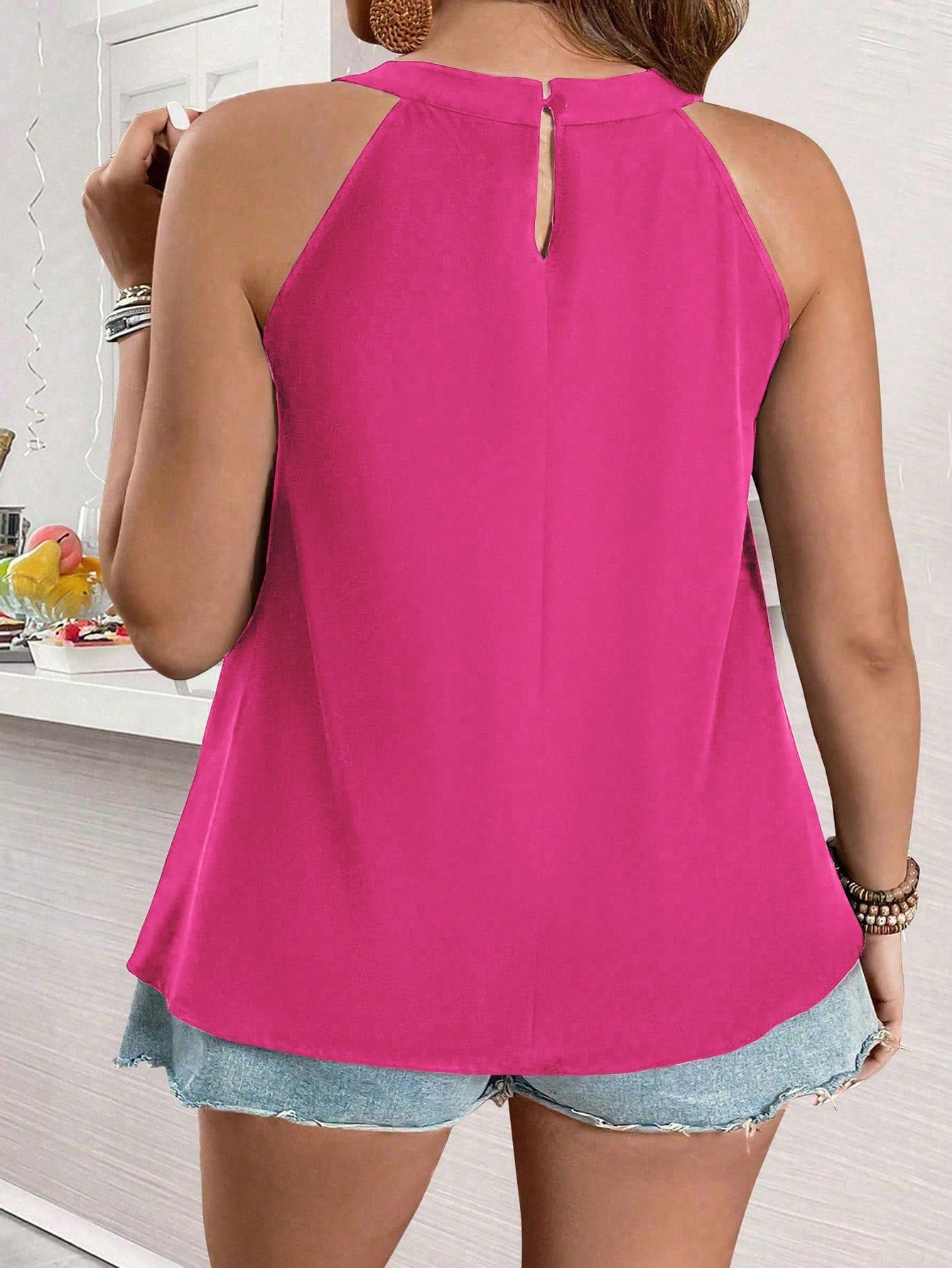 Clasi Plus Size Women's Solid Color Glitter Glamorous Loose Halter Top