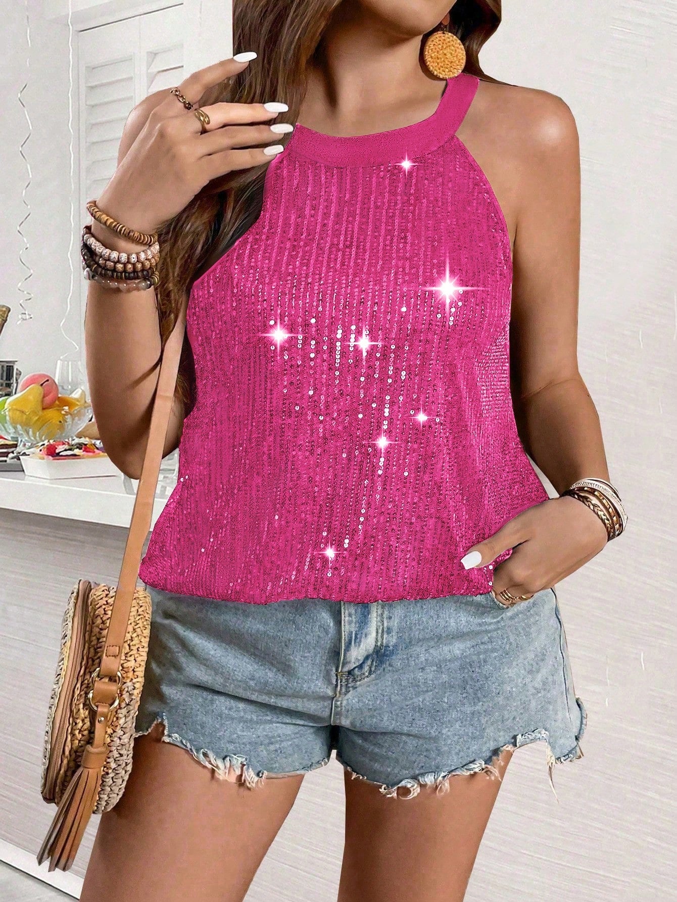 Clasi Plus Size Women's Solid Color Glitter Glamorous Loose Halter Top