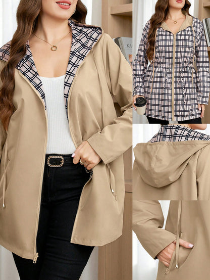 Clasi Plus Size Women's Solid Color Pocket Hooded Fashion Versatile Daily Casual Jacket Fall