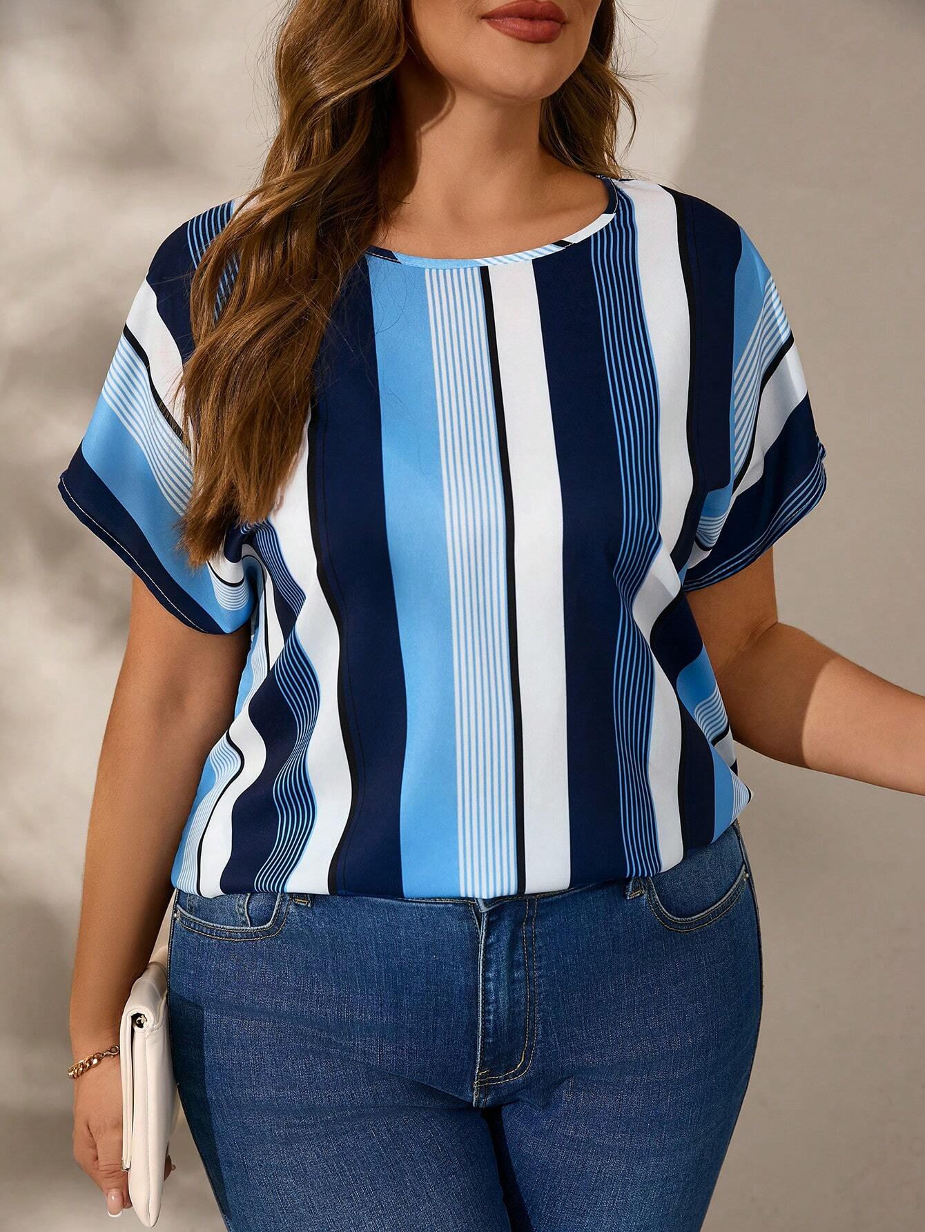 Clasi Plus Size Women's Summer Striped Round Neck Batwing Casual Loose Blouse