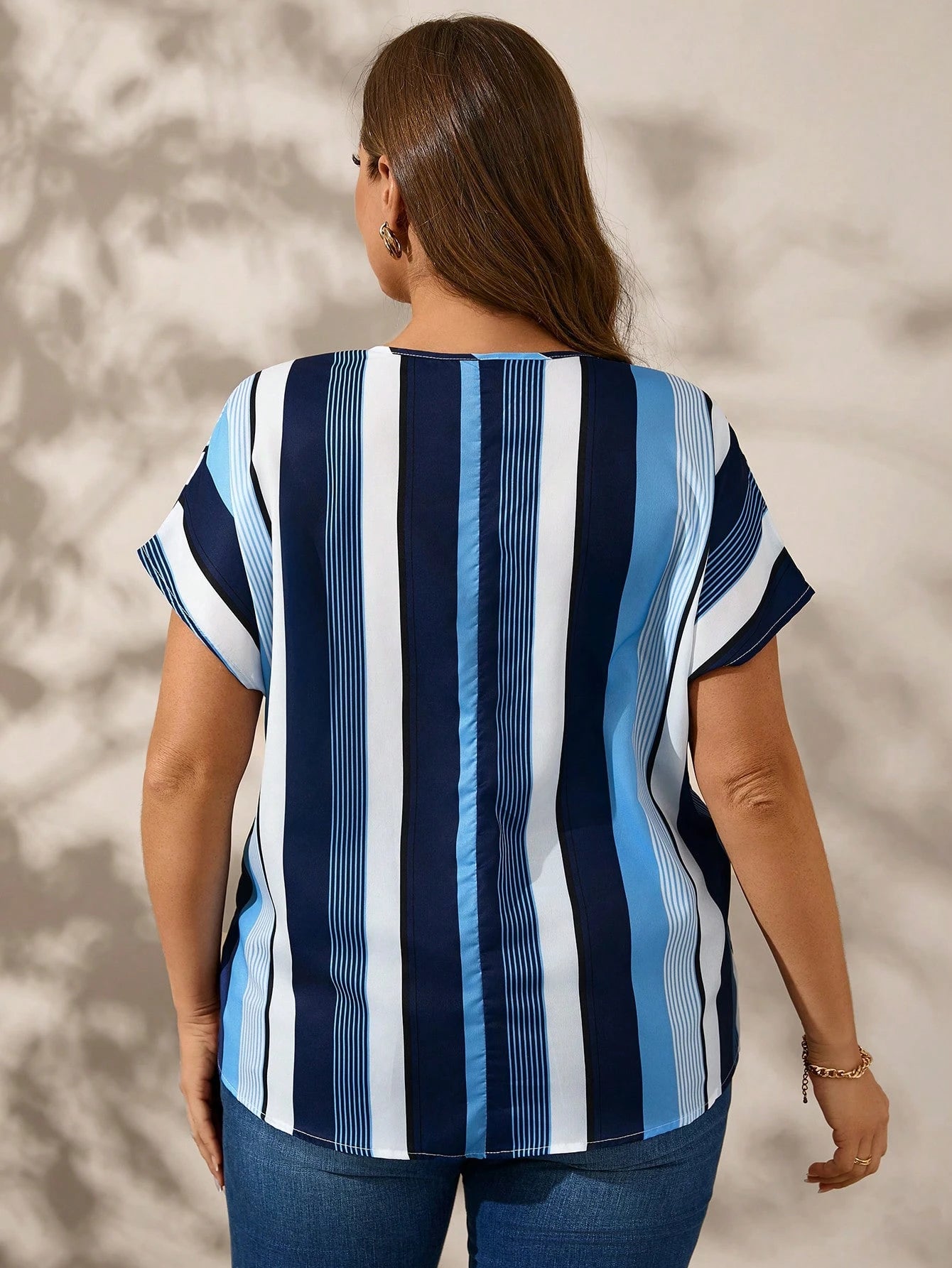 Clasi Plus Size Women's Summer Striped Round Neck Batwing Casual Loose Blouse
