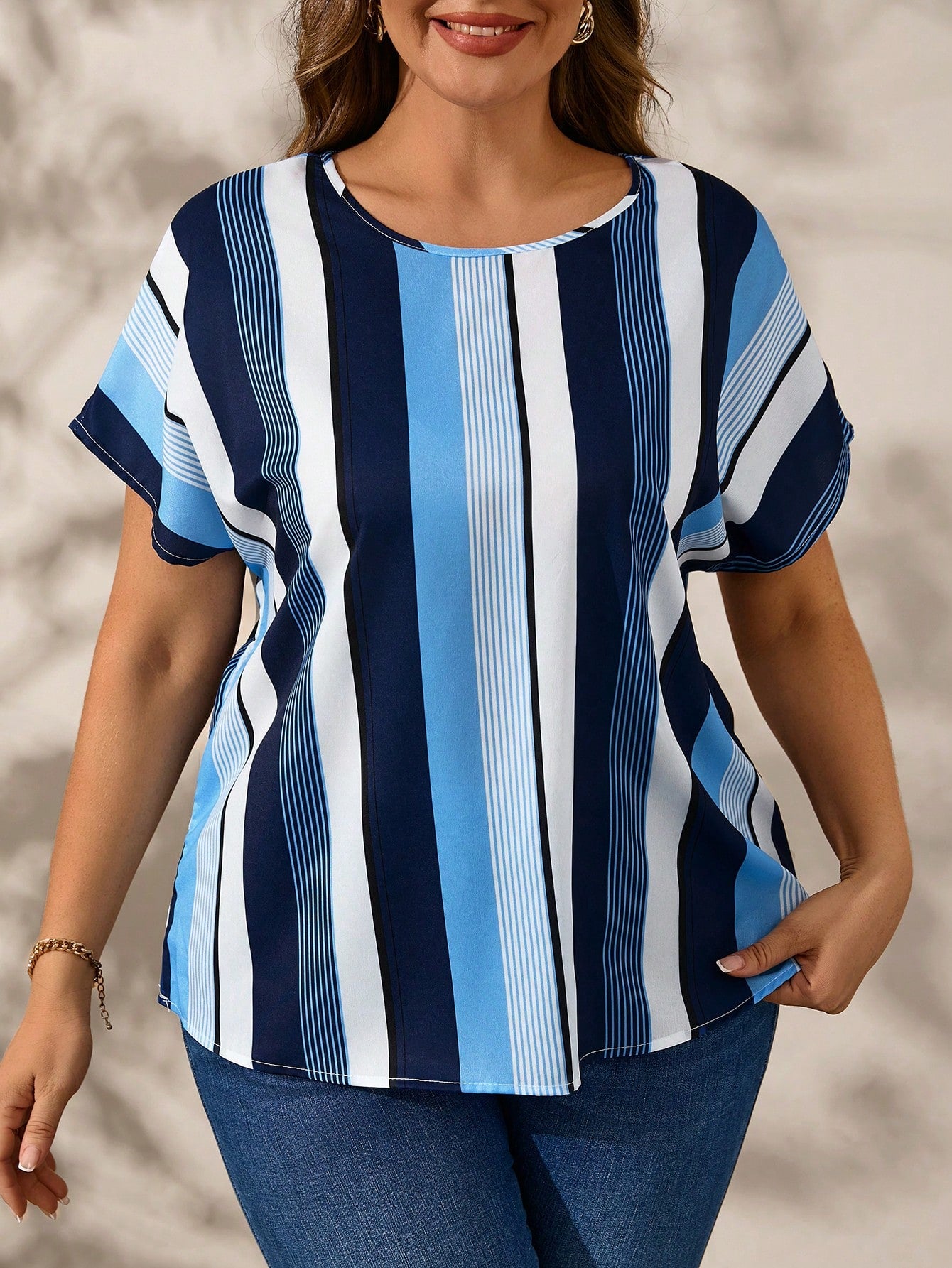 Clasi Plus Size Women's Summer Striped Round Neck Batwing Casual Loose Blouse