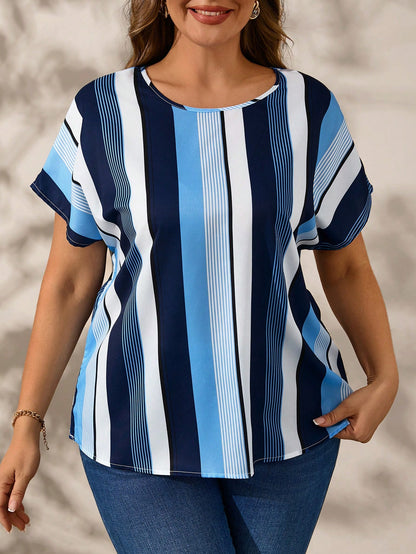 Clasi Plus Size Women's Summer Striped Round Neck Batwing Casual Loose Blouse
