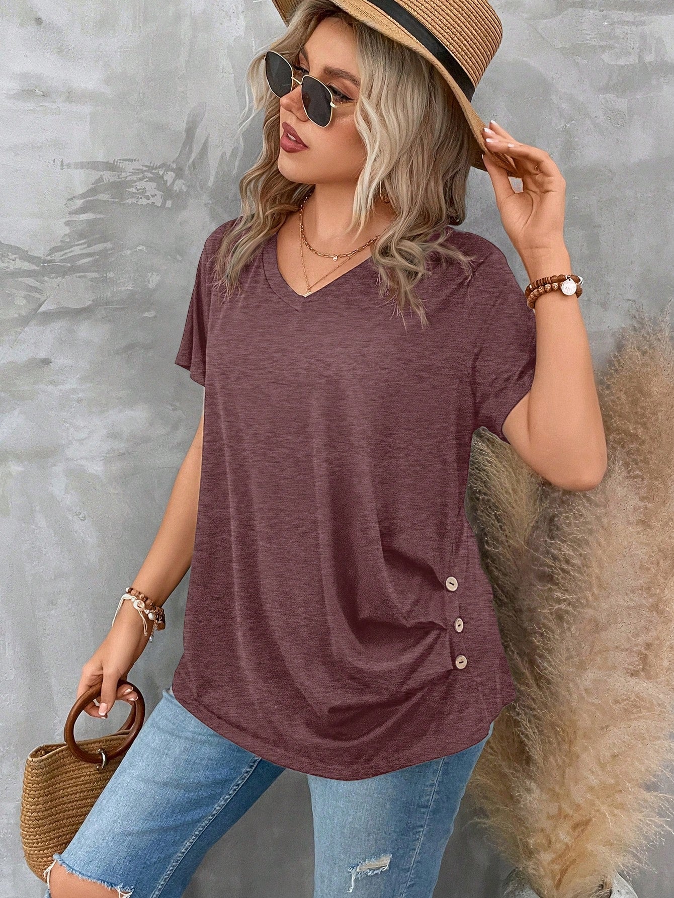 Clasi Plus Size Women's V Neck Short Sleeve Pleated T-Shirt Solid Button Detail Tee Button Detail Ruched Tee Tops