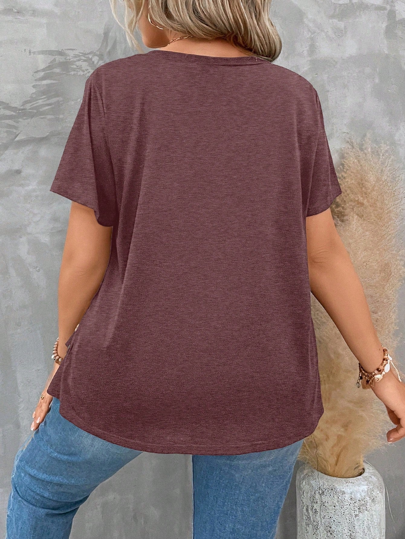 Clasi Plus Size Women's V Neck Short Sleeve Pleated T-Shirt Solid Button Detail Tee Button Detail Ruched Tee Tops