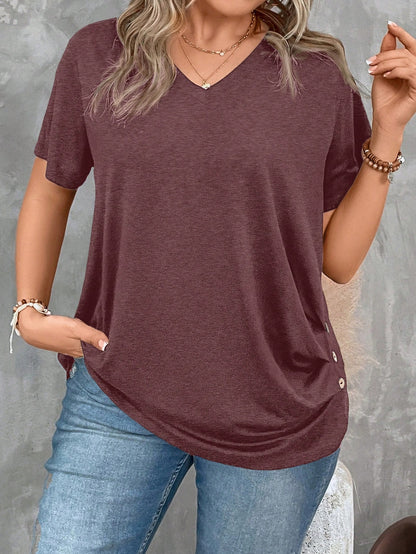 Clasi Plus Size Women's V Neck Short Sleeve Pleated T-Shirt Solid Button Detail Tee Button Detail Ruched Tee Tops