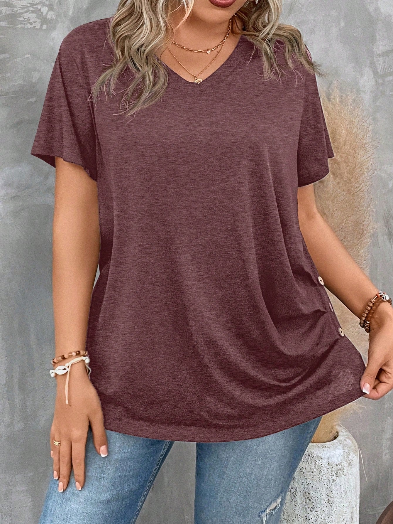 Clasi Plus Size Women's V Neck Short Sleeve Pleated T-Shirt Solid Button Detail Tee Button Detail Ruched Tee Tops