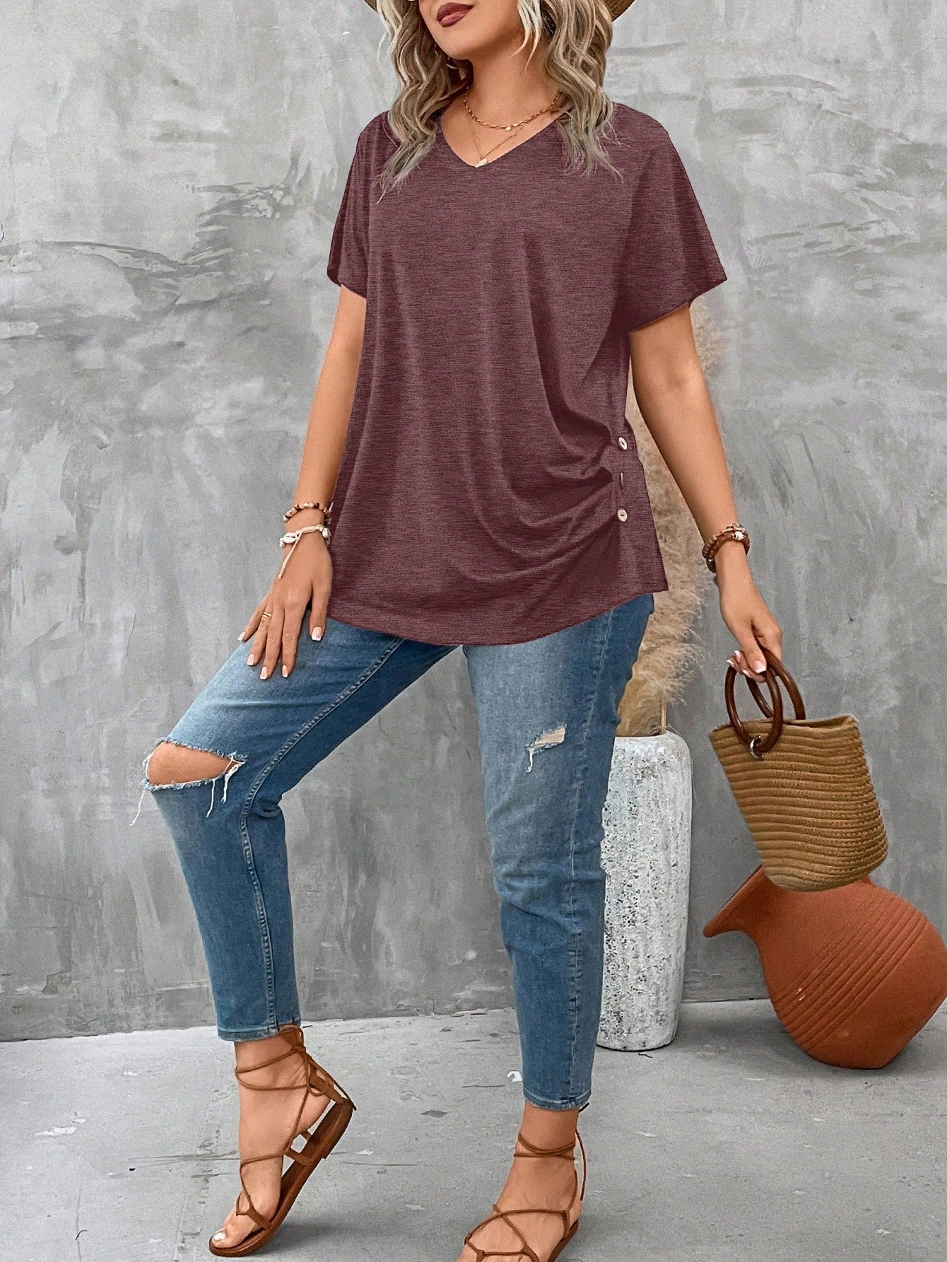 Clasi Plus Size Women's V Neck Short Sleeve Pleated T-Shirt Solid Button Detail Tee Button Detail Ruched Tee Tops