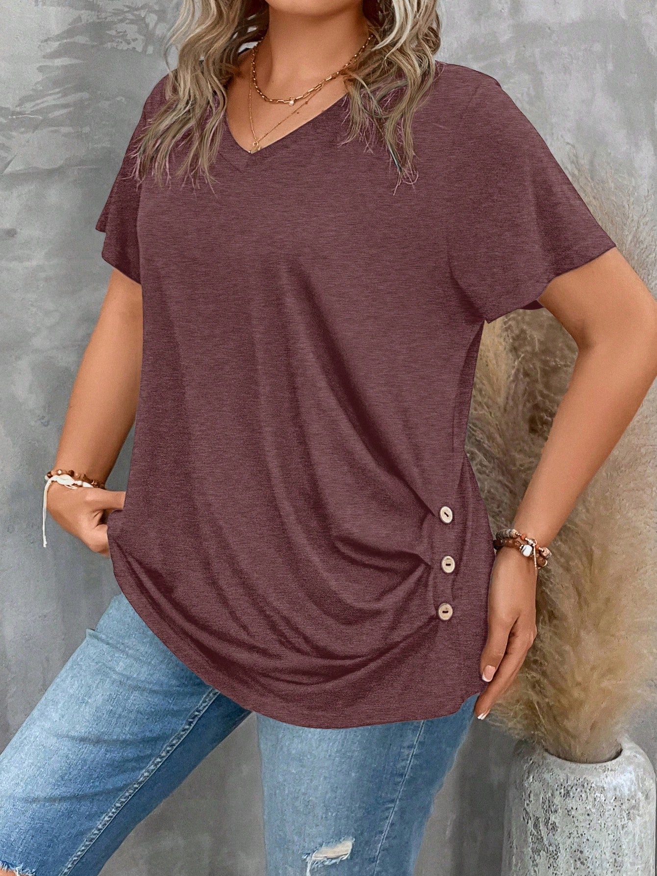 Clasi Plus Size Women's V Neck Short Sleeve Pleated T-Shirt Solid Button Detail Tee Button Detail Ruched Tee Tops