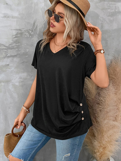 Clasi Plus Size Women's V Neck Short Sleeve Pleated T-Shirt Solid Button Detail Tee Button Detail Ruched Tee Tops