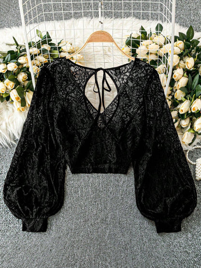 Clasi Plus Size Women Sheer Hollow Out Sexy Top Fall Cloth For Women