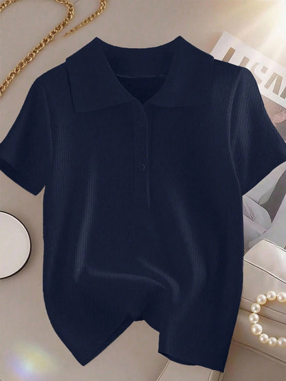 Clasi Plus Size Women Summer LUNE Short Sleeve T-Shirt,Navy Blue Polo Collar Casual Color Blocking Versatile For Sommar Wear,Smart Casual,Hiking Commuting