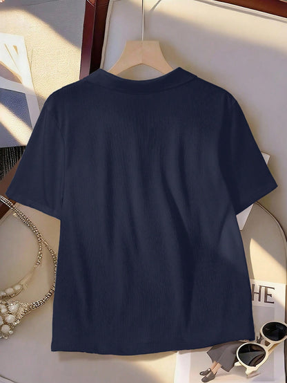 Clasi Plus Size Women Summer LUNE Short Sleeve T-Shirt,Navy Blue Polo Collar Casual Color Blocking Versatile For Sommar Wear,Smart Casual,Hiking Commuting