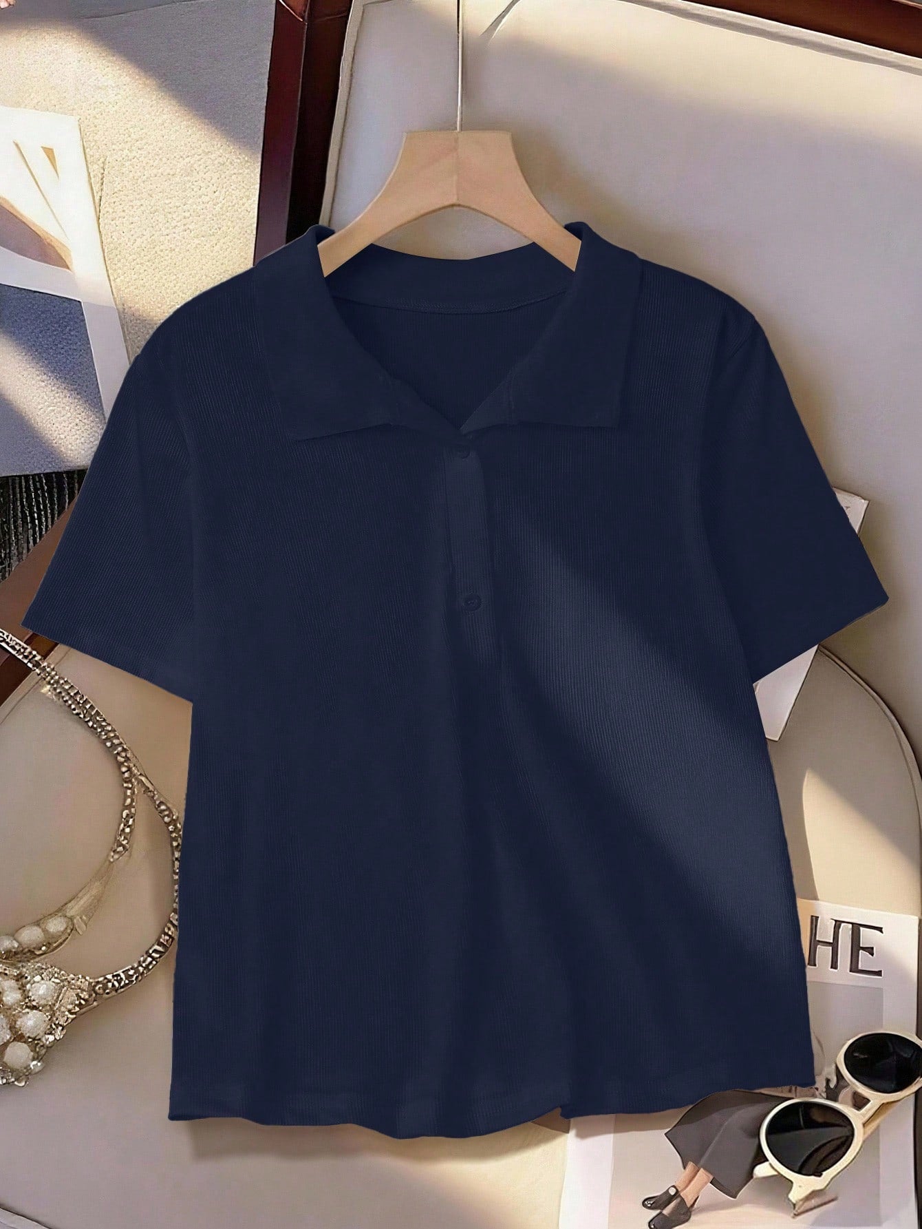 Clasi Plus Size Women Summer LUNE Short Sleeve T-Shirt,Navy Blue Polo Collar Casual Color Blocking Versatile For Sommar Wear,Smart Casual,Hiking Commuting