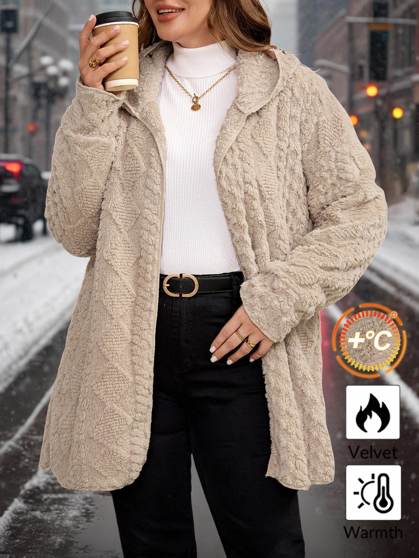 Clasi Plus Size Women Textured Fuzzy Zip Up Hooded Coat,Winter Casual Hiking Reversible Double Sided Fleece Jacket,Long Sleeve Pockets Warm Outerwear,2025