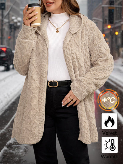 Clasi Plus Size Women Textured Fuzzy Zip Up Hooded Coat,Winter Casual Hiking Reversible Double Sided Fleece Jacket,Long Sleeve Pockets Warm Outerwear,2025