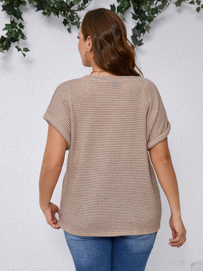 Clasi Women Plus Size Summer Solid Color Crew Neck Batwing Sleeve Knot Hem Waffle Casual Business Casual T-Shirt Vacation Office Brown