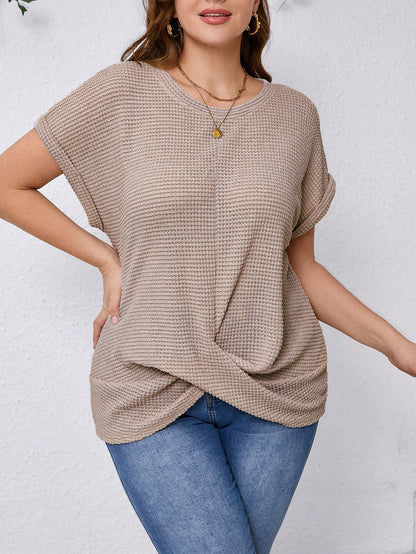 Clasi Women Plus Size Summer Solid Color Crew Neck Batwing Sleeve Knot Hem Waffle Casual Business Casual T-Shirt Vacation Office Brown