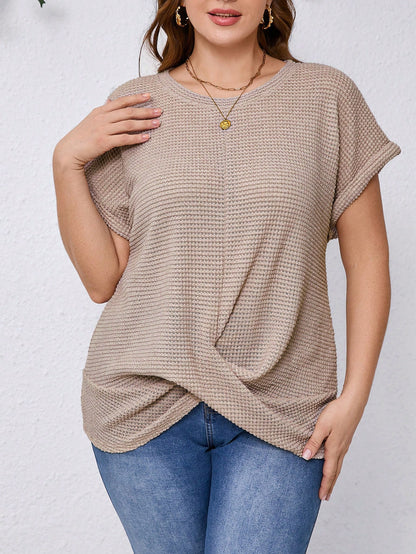 Clasi Women Plus Size Summer Solid Color Crew Neck Batwing Sleeve Knot Hem Waffle Casual Business Casual T-Shirt Vacation Office Brown